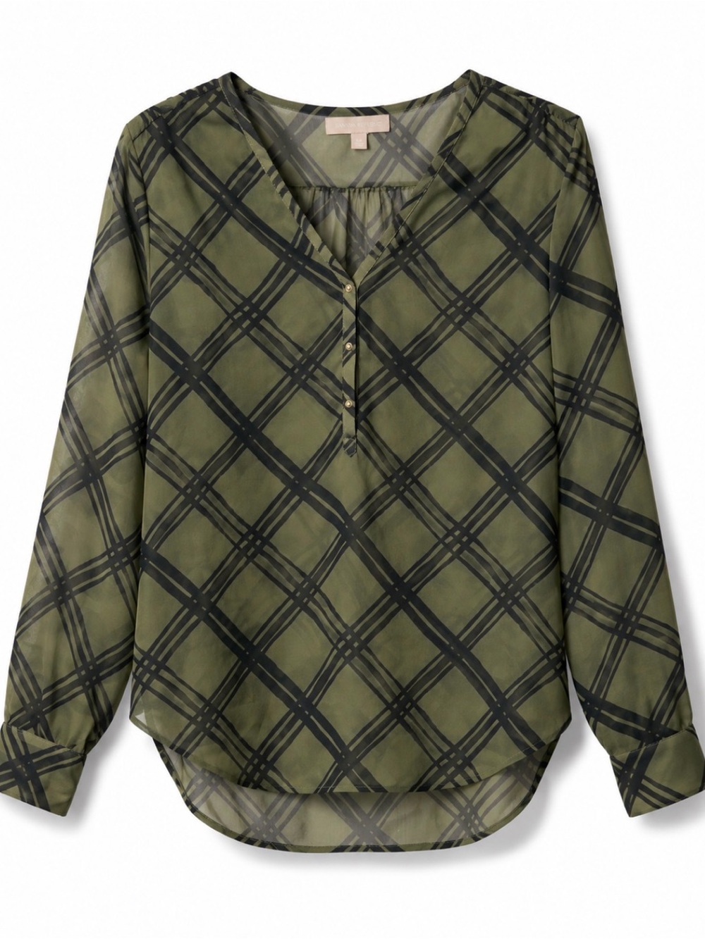 Banana Republic Olive & Black Sheer Plaid Blouse Size Small